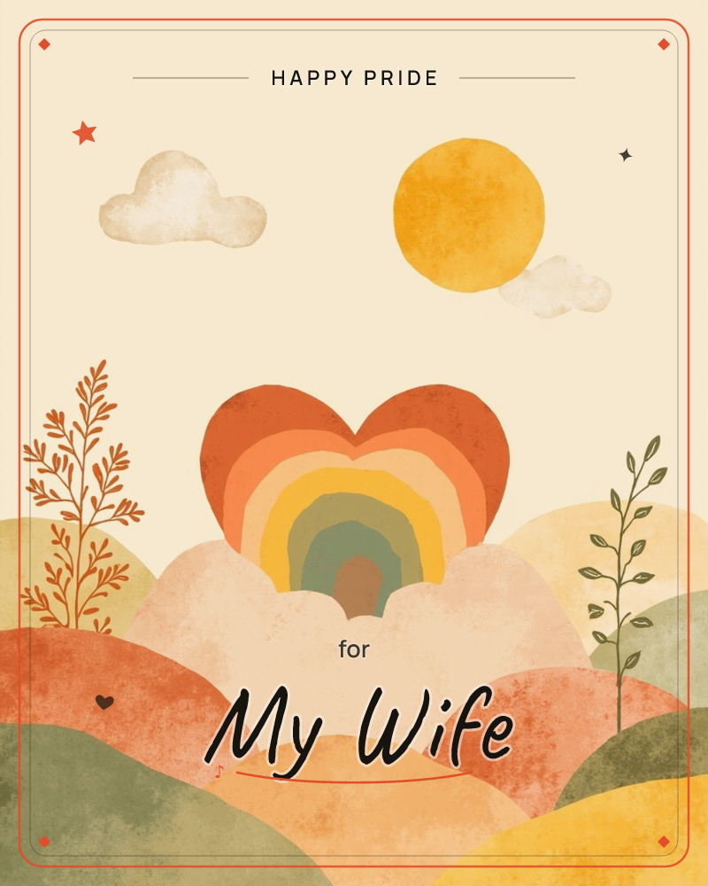 A layered heart-shaped rainbow rises over rolling hills in warm terracotta, mustard and olive, with a soft yellow sun and two clouds drifting in a…, a pride e-card design
