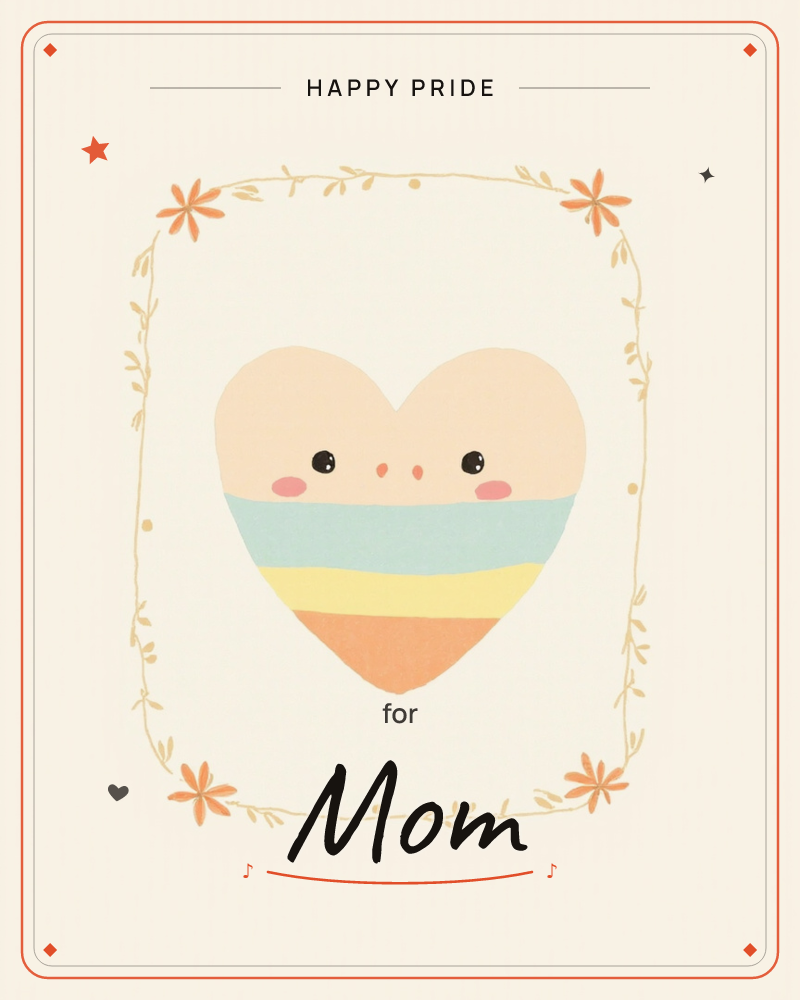 A cream-coloured card shows a plump heart character with a peach face, blushing cheeks and simple dot eyes, its body striped in soft mint, yellow and…, a pride e-card design