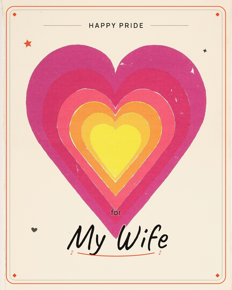 A single heart is built from smaller hearts nested inside one another, glowing from a bright yellow centre out through orange and pink to a deep…, a pride e-card design