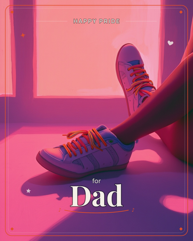 A pair of crossed legs in white sneakers with bright orange laces rests near a sunlit window, the whole room washed in bold pink and magenta light, a pride e-card design