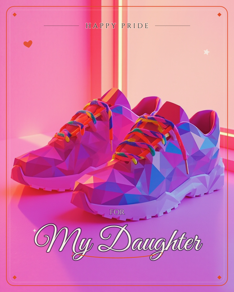 A pair of chunky sneakers rendered in faceted low-poly triangles, glowing in hot pink, magenta and electric blue against a moody neon-lit backdrop, a pride e-card design