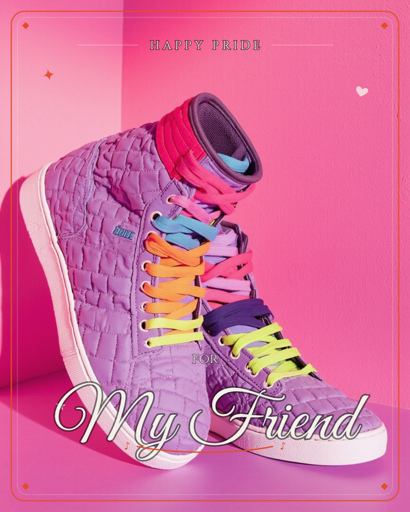 A pair of purple quilted high-top sneakers stands against a hot-pink backdrop, laced with a mismatched rainbow of orange, yellow, blue and coral laces, a pride e-card design