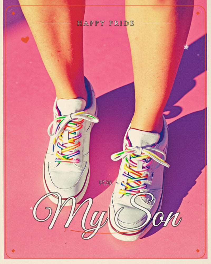 A photograph looking straight down at a pair of legs standing on hot-pink ground, wearing white sneakers threaded with rainbow-striped laces, a pride e-card design