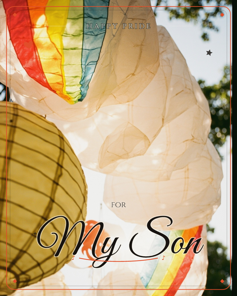 Paper lanterns hang close together in warm afternoon sunlight, their crinkled surfaces glowing from within, a pride e-card design