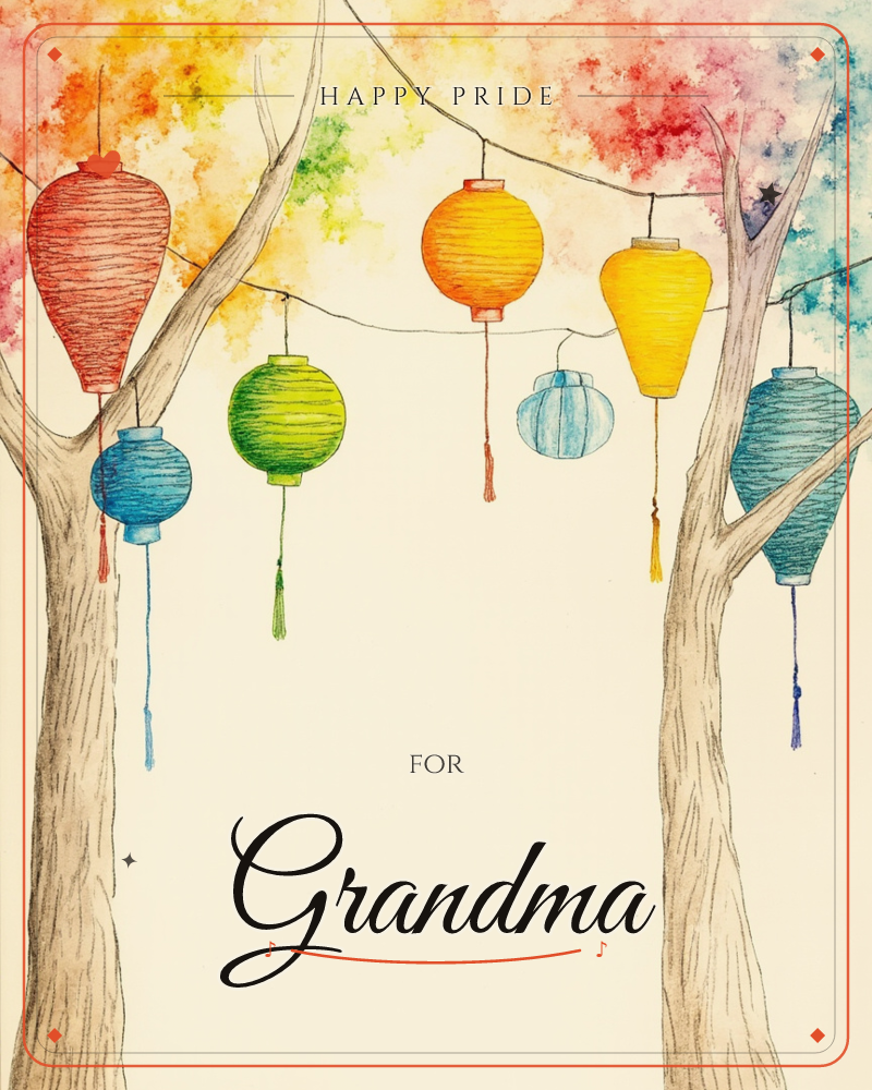 Two bare-branched trees frame a string of paper lanterns in red, green, orange, yellow, blue and teal, each hung with a tasselled cord and drawn in…, a pride e-card design