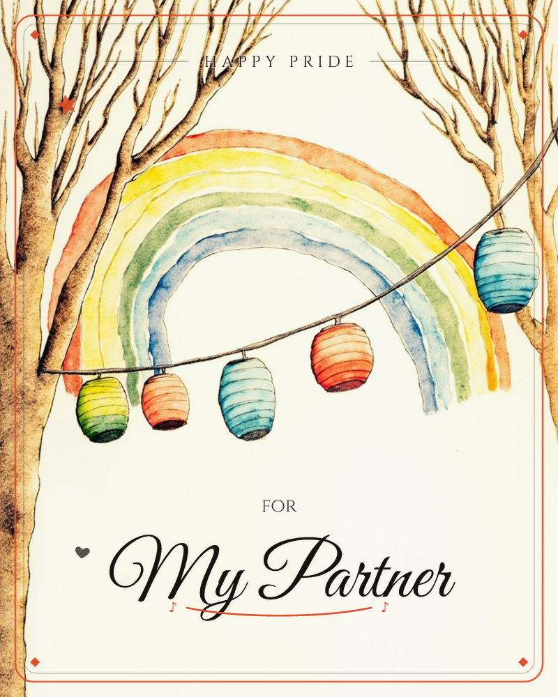 A watercolour rainbow arcs between two bare, wintry trees, framed by their reaching branches against a soft cream sky, a pride e-card design