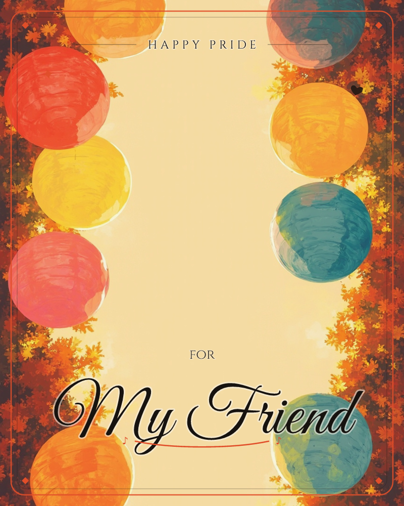 Round paper lanterns in red, yellow, teal and orange hang along both edges of the card, framed by autumn leaves in rust and gold tones, a pride e-card design