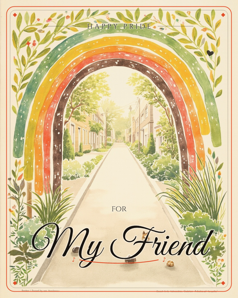 A painted rainbow arches over a quiet suburban street lined with brick townhouses and leafy trees, with a leafy garland framing the whole scene, a pride e-card design