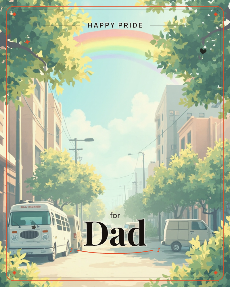 A soft pastel city street glows under a pale rainbow arching between leafy treetops, with delivery vans and a bus parked along the curb, a pride e-card design