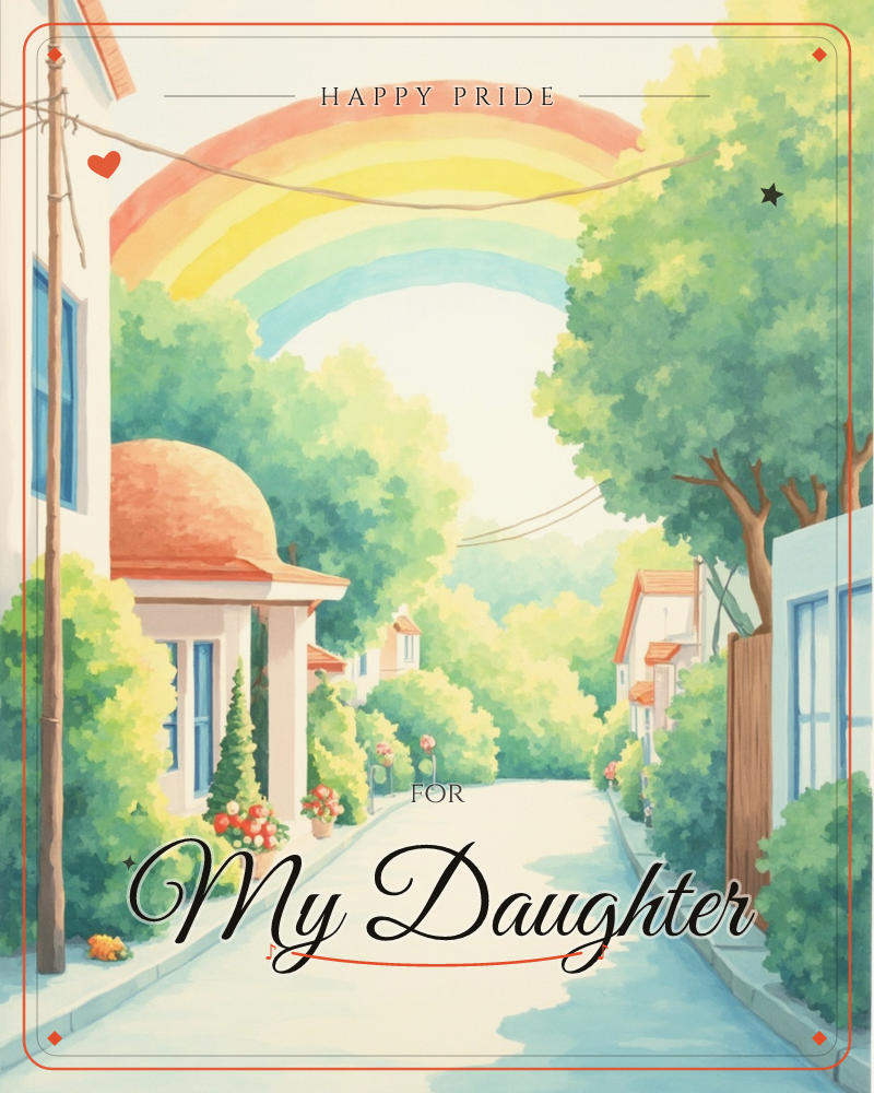A quiet neighborhood street curves between pastel houses with terracotta domed roofs, lined with lush green trees and pots of flowering shrubs, a pride e-card design