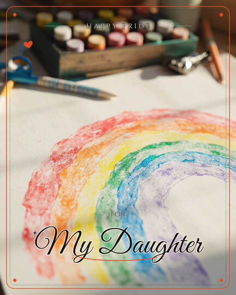 A hand-painted rainbow arcs across white fabric or paper, its bands textured and slightly rough from a dry brush, a pride e-card design