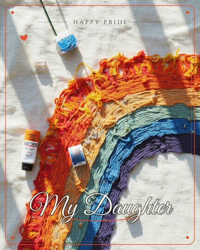 A yarn-wrapped rainbow arcs across a textured cream fabric backdrop, its threads bundled thick in red, orange, yellow, green, blue and purple bands, a pride e-card design