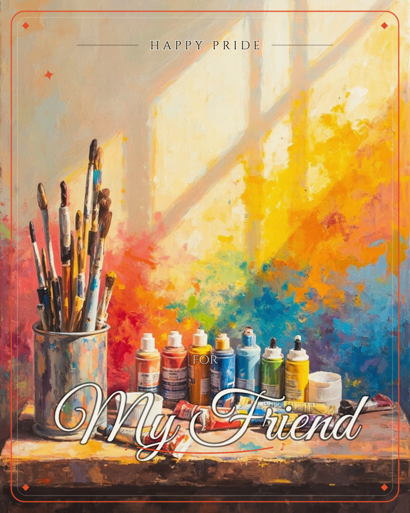 A cluster of well-used paintbrushes stands in a paint-splattered tin beside rows of tubed paints, all lit by warm sunlight streaming through an unseen…, a pride e-card design