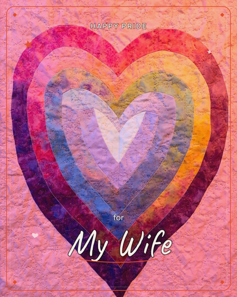 A quilted textile heart made of nested heart shapes, each stitched layer fading from deep plum and magenta at the edges into gold, dusty blue and pale…, a pride e-card design