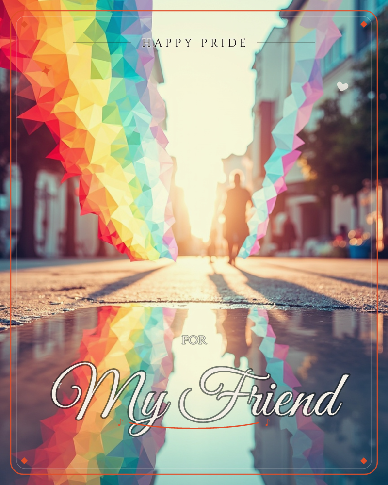 A city street glows at sunset, framed by jagged rainbow-coloured facets that seem to spill down both sides like digital drapery, mirrored perfectly in…, a pride e-card design