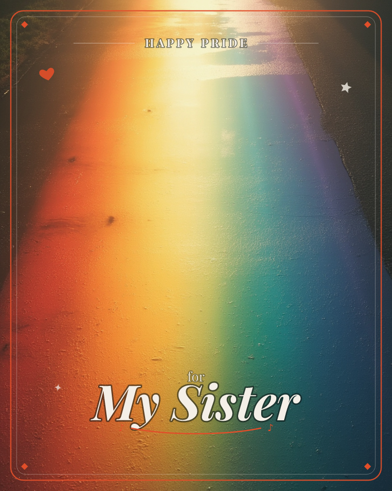 A band of prism light falls across a plain concrete pavement, spreading red, orange, yellow, green, blue and violet in a soft glowing stripe, a pride e-card design
