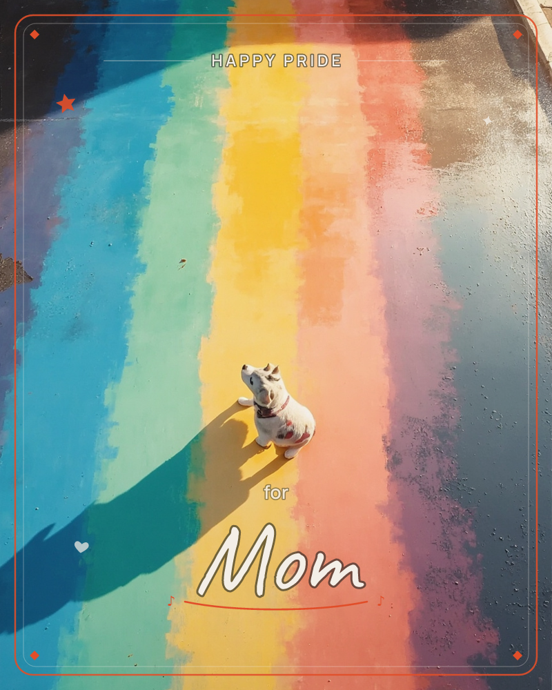 A small white dog with dark ears sits on a pavement painted in broad rainbow stripes, casting a long shadow across the colours in low sunlight, a pride e-card design