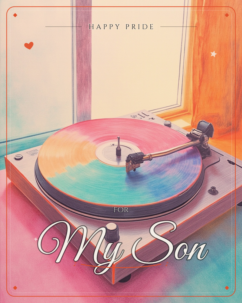 A close-up of a turntable spinning a vinyl record that fades from pink to orange to teal like a sunset caught mid-rotation, its tonearm resting gently…, a pride e-card design