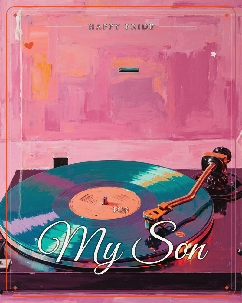 A close-up painting of a turntable spinning a teal and marbled vinyl record, its tonearm resting mid-groove against a glossy black deck, a pride e-card design