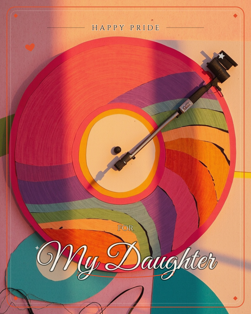 A hand-drawn record spins on a turntable, its swirling rainbow bands of pink, orange, purple and green catching warm late-light and long shadows across…, a pride e-card design