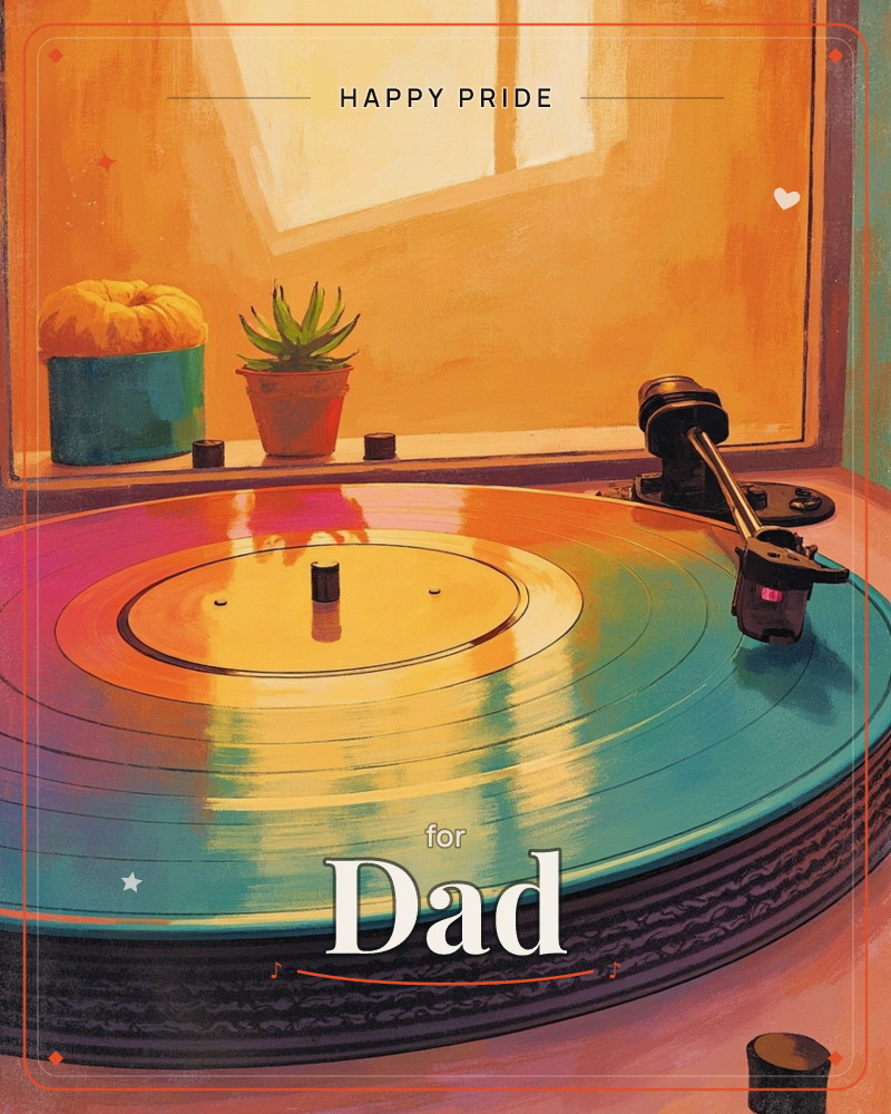 A vinyl record spins on a turntable, its surface glowing pink, teal and gold under warm light from a nearby window, a pride e-card design
