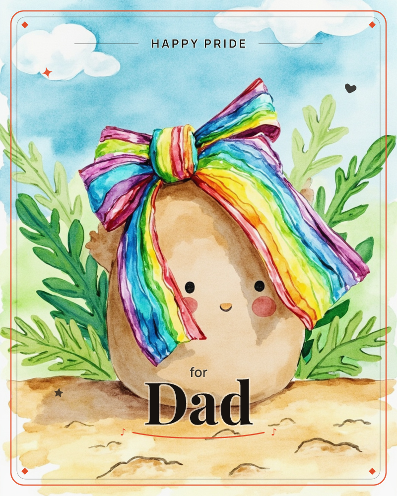 A cheerful little potato character with a rosy-cheeked smile sits in a garden bed, waving one arm, topped with an enormous rainbow-striped bow tied in…, a pride e-card design