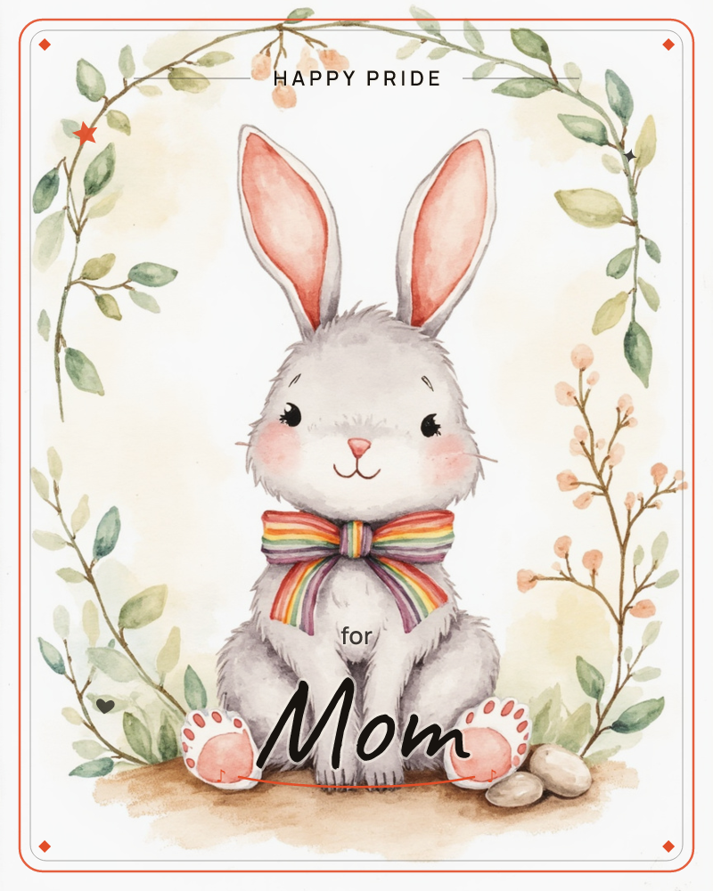 A watercolour bunny with tall pink-lined ears and a rainbow-striped bow sits inside an oval wreath of leafy branches and soft peach blossoms, a pride e-card design