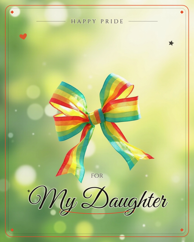 A striped rainbow ribbon bow floats front and centre against a soft green, sunlit background full of glowing bokeh circles, a pride e-card design