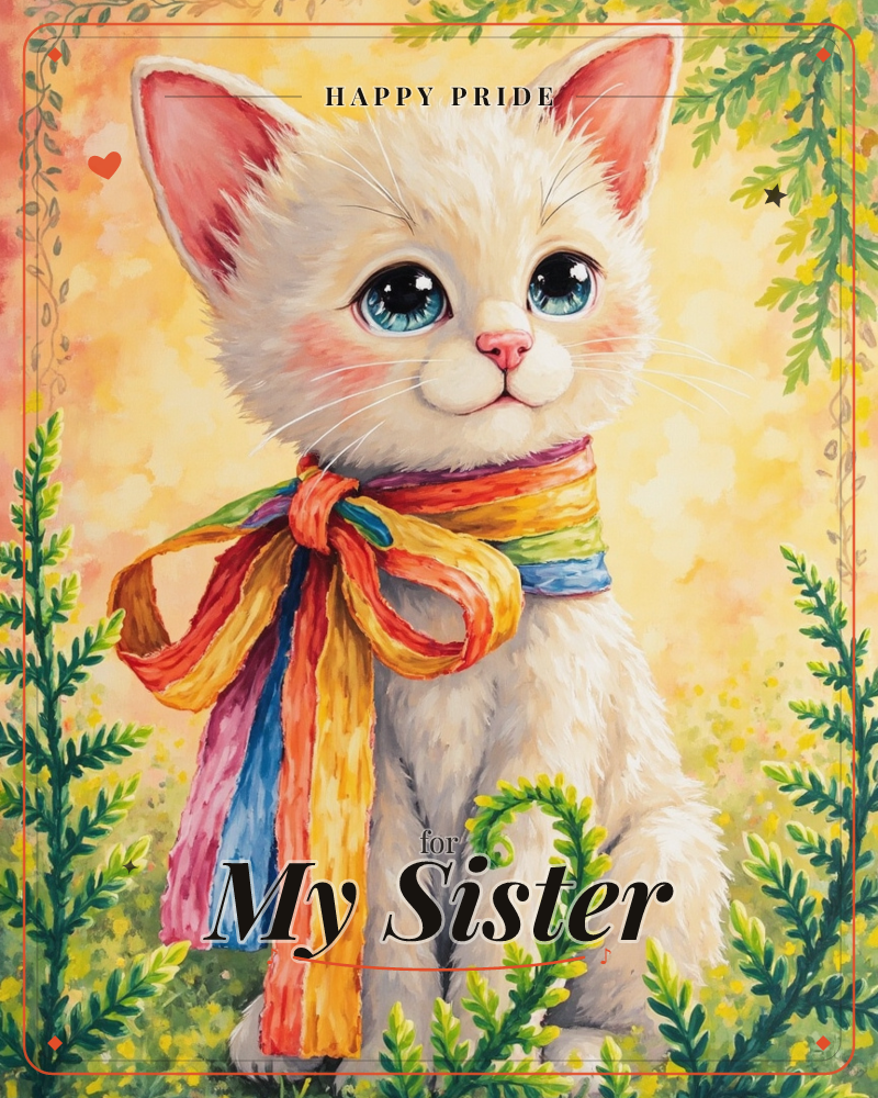 A wide-eyed white kitten with pink-tinged ears sits amid trailing green fern fronds, a rainbow-striped ribbon tied in a big bow around its neck, a pride e-card design