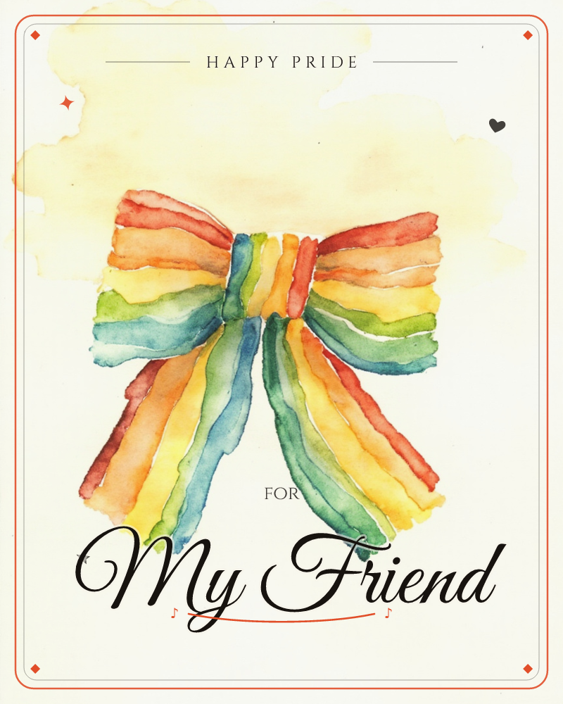 A single decorative bow painted in loose watercolour stripes of red, orange, yellow, green and blue, set against a soft cream background with a warm…, a pride e-card design