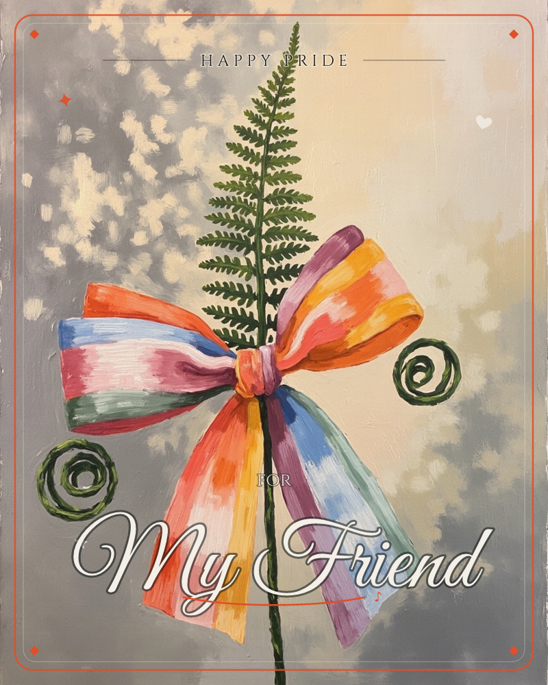 A single fern frond stands upright with a rainbow-striped ribbon tied around its stem in a loose, fluttering bow, curled tendrils of vine spiraling on…, a pride e-card design