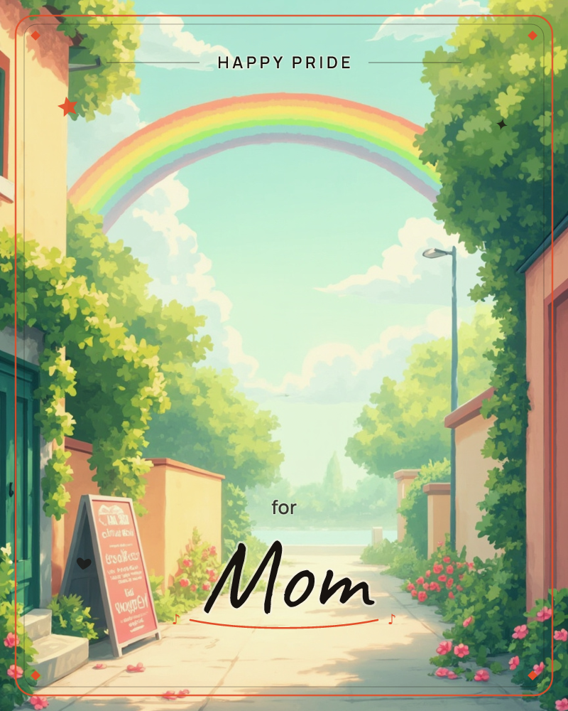 A quiet cobbled lane winds between ivy-covered walls toward a distant lake, with a soft rainbow arching over the treetops in a pale morning sky, a pride e-card design