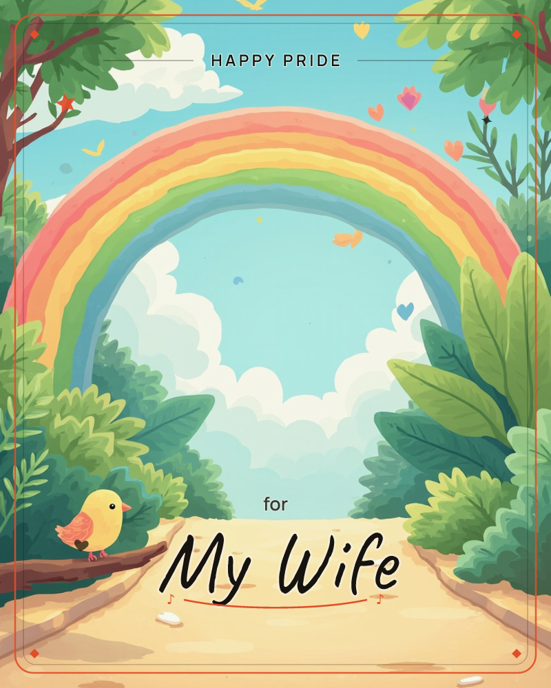 A full rainbow arches over a sandy path that winds off into a bright, cloud-fluffed sky, framed by lush green trees and bushes on either side, a pride e-card design