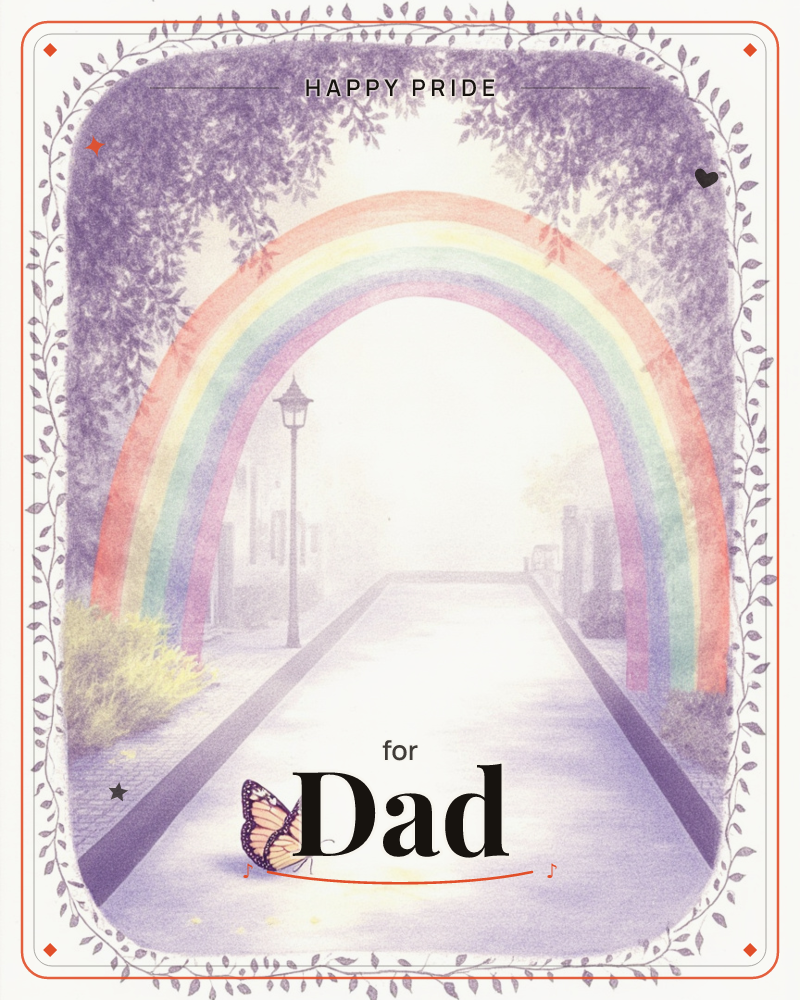 A misty street lined with arching trees fades into soft lavender light, a full rainbow framing the path like a gate, a pride e-card design