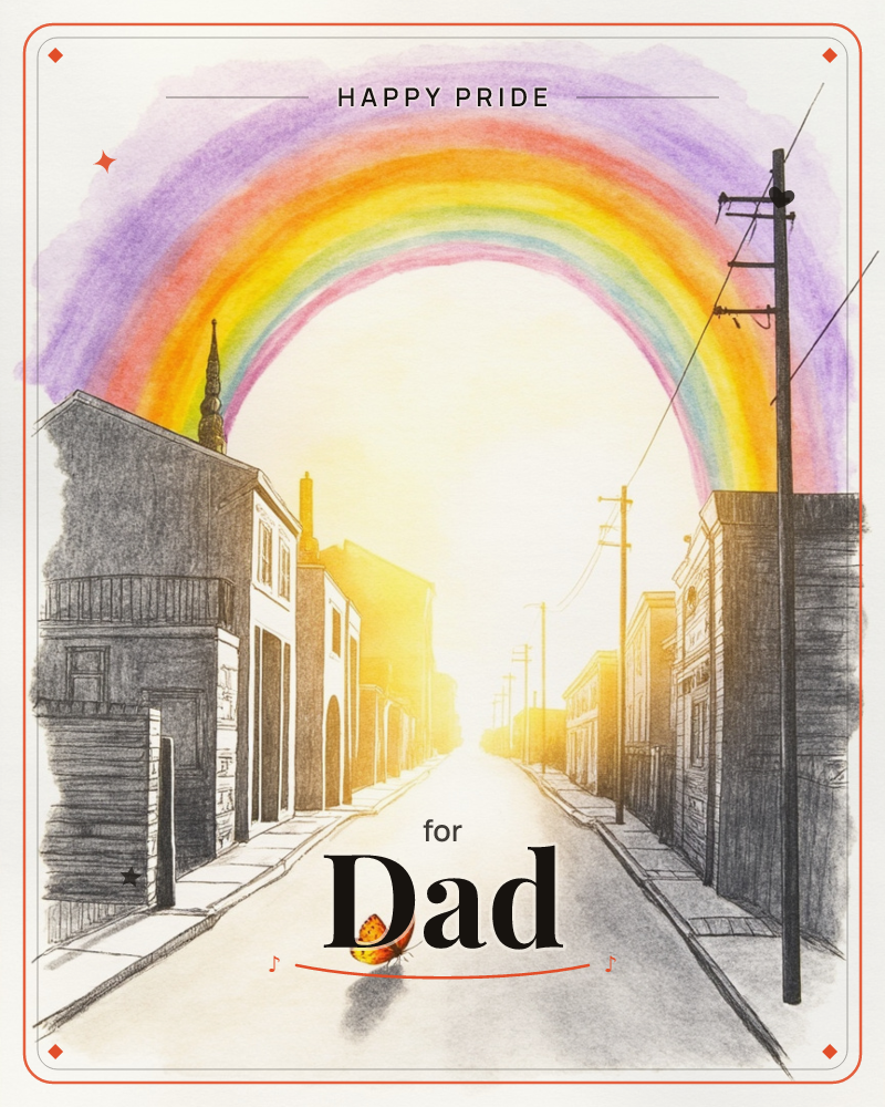 A quiet street of pencil-sketched townhouses fades into a blinding wash of golden light, with a full watercolour rainbow arching over the rooftops and…, a pride e-card design