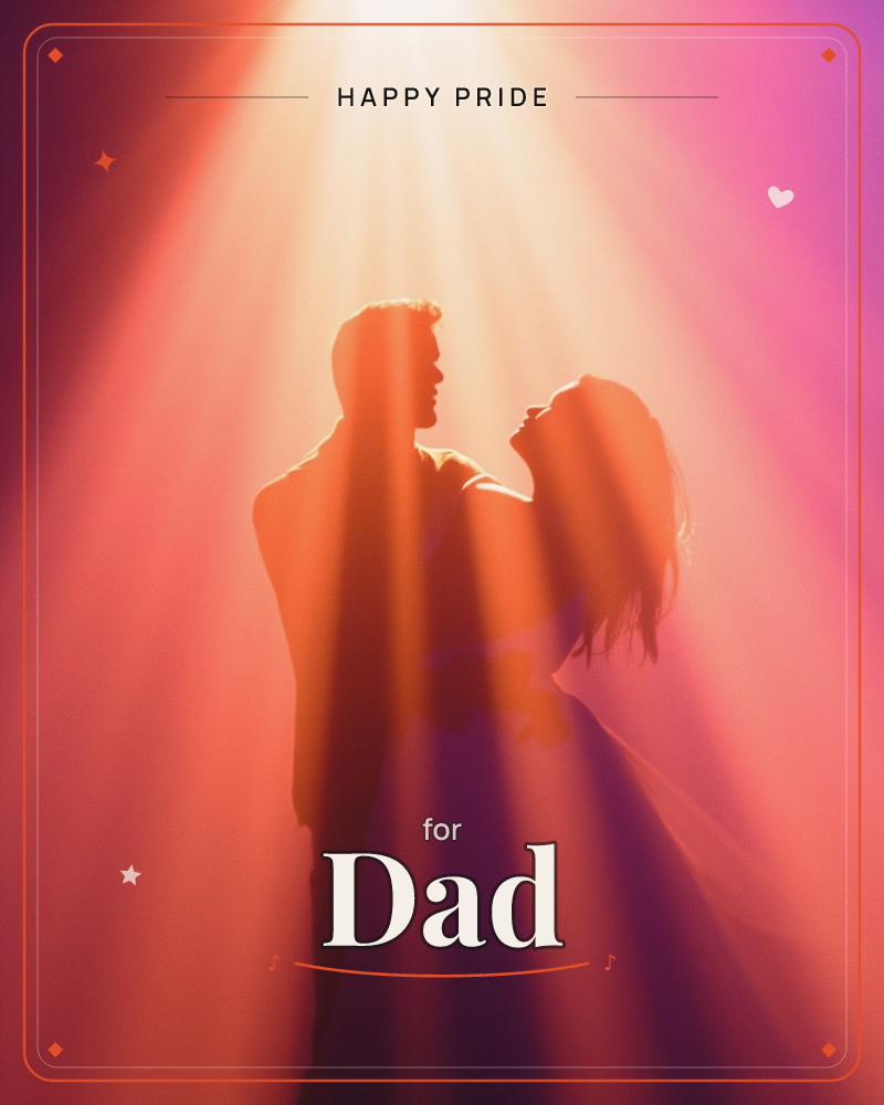 A couple stand close together in silhouette, faces turned toward each other, backlit by a blaze of golden light that fans out in dramatic rays through…, a pride e-card design