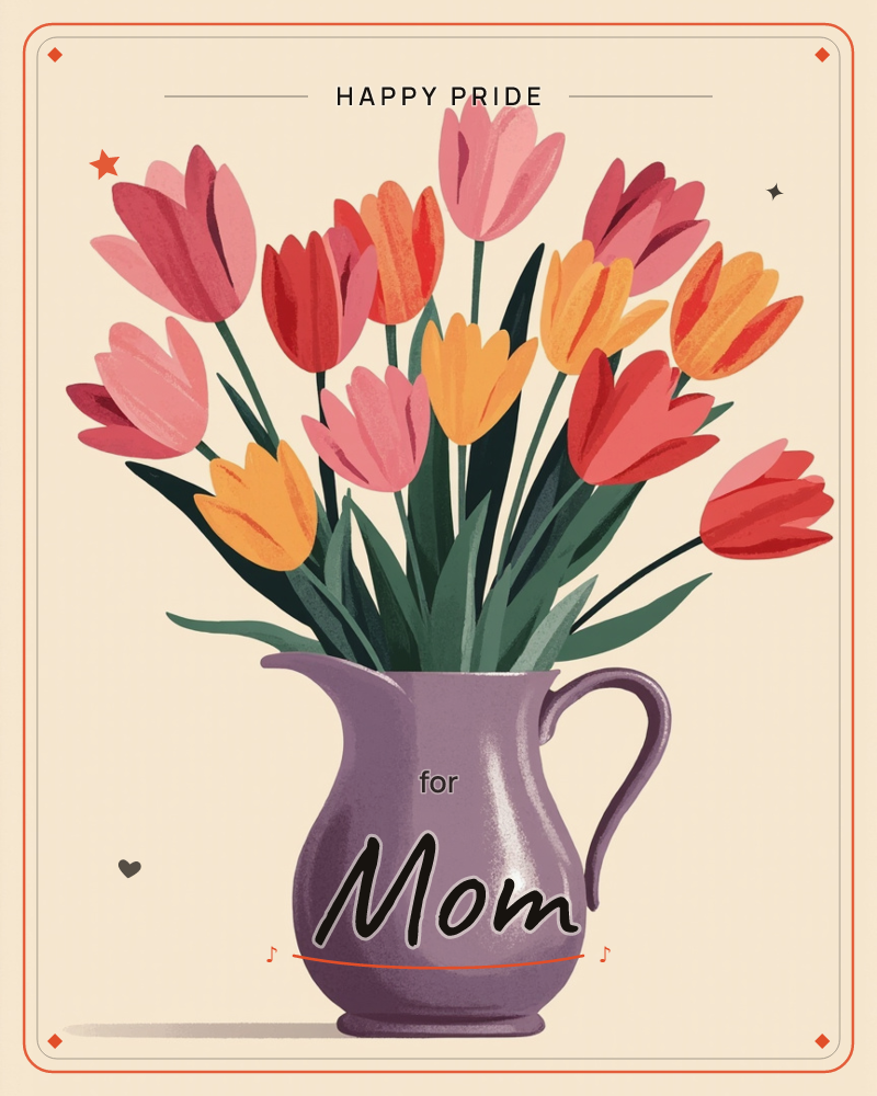 A purple ceramic pitcher holds a full bouquet of tulips in pink, red, and orange, their stems and leaves fanning out against a warm, glowing cream…, a pride e-card design
