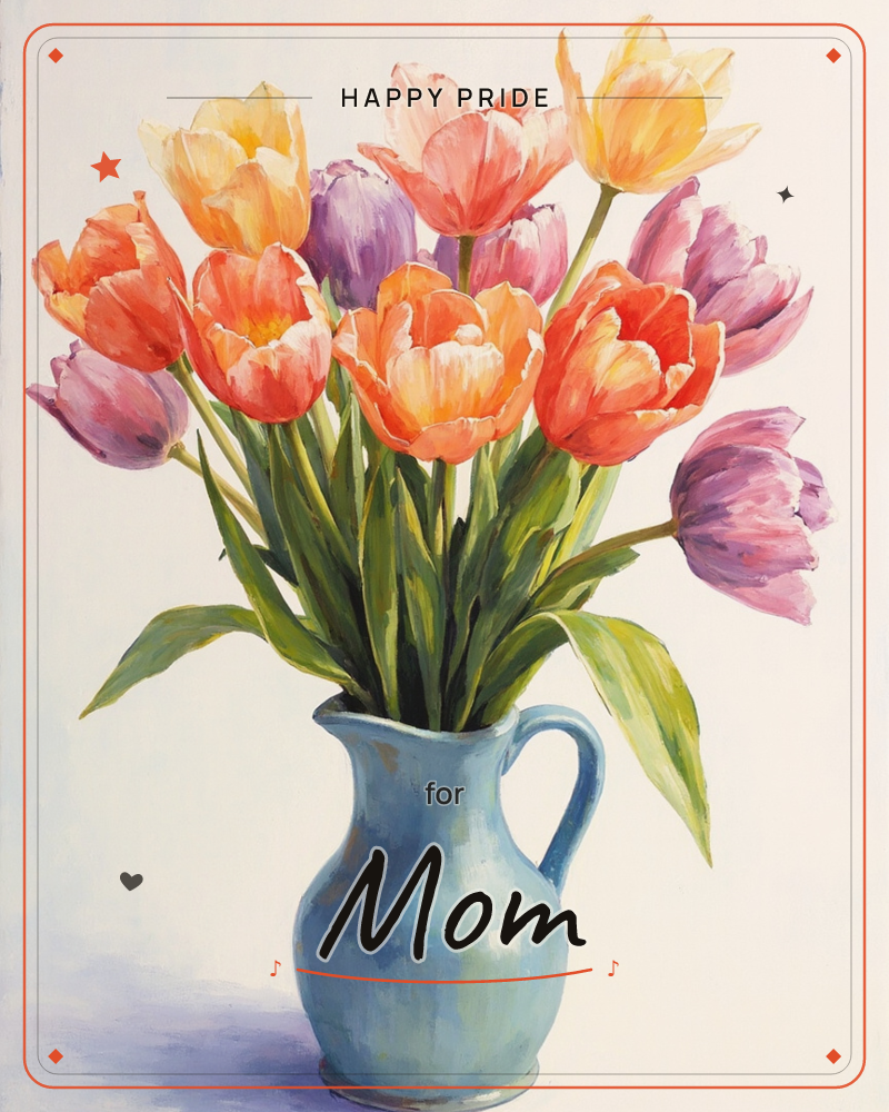 A blue ceramic pitcher holds a bursting bouquet of tulips in coral, orange, purple, pink and pale yellow, their green stems and leaves fanning out…, a pride e-card design