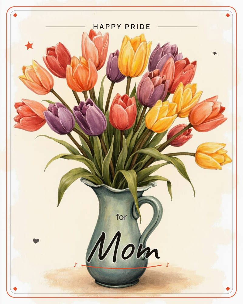 A generous bouquet of tulips in coral, red, purple and gold fills a rustic teal ceramic pitcher, their long green stems and leaves spilling loosely…, a pride e-card design