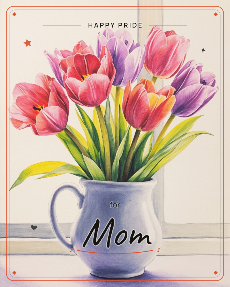 A blue ceramic jug sits on a windowsill, filled with a bright bouquet of pink, red and purple tulips, their green stems and leaves fanning outward, a pride e-card design