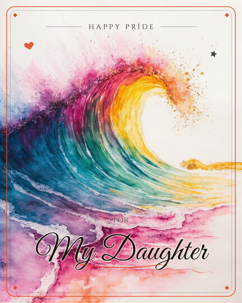 A single cresting wave curls across the page in a rainbow of watercolour, its base deep indigo and teal shading up through gold and pink at the…, a pride e-card design