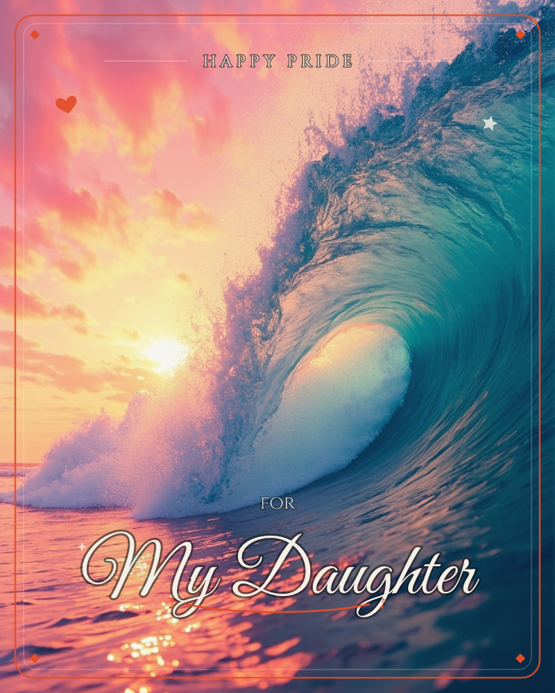 A towering ocean wave curls into a barrel against a sunset sky streaked with pink and gold clouds, a pride e-card design