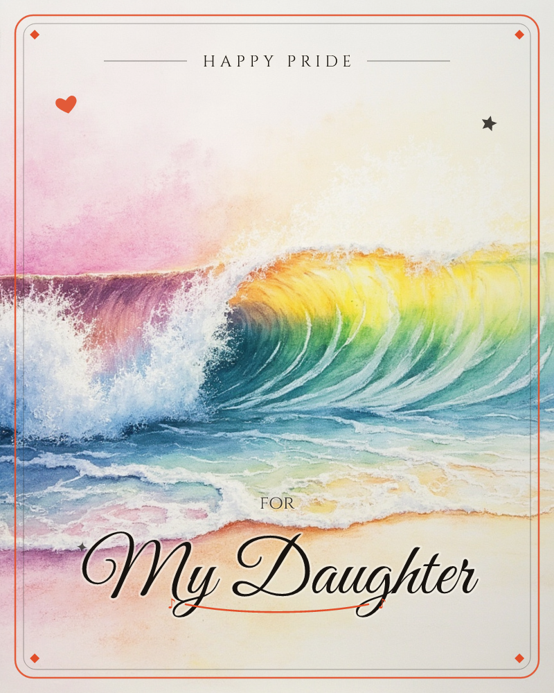 A cresting ocean wave curls against a soft pink and gold sky, its translucent barrel glowing yellow and green where the light passes through, a pride e-card design