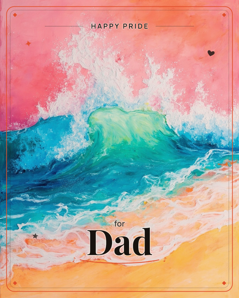 A cresting turquoise wave curls and breaks against a pink-flushed sky, white spray flung upward in thick textured strokes, a pride e-card design