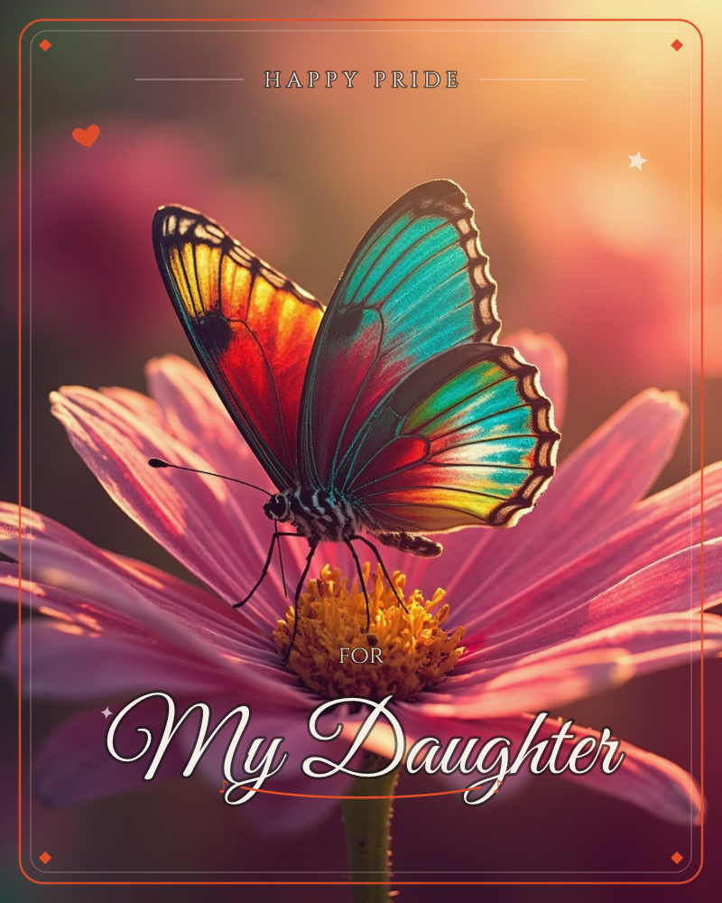 A close-up of a butterfly with wings split between fiery orange-red and iridescent turquoise-green resting on the golden centre of a pink daisy-like…, a pride e-card design