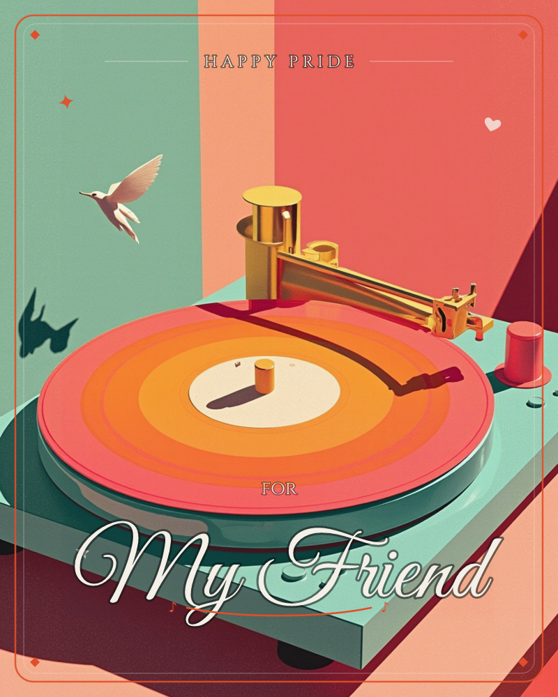 A stylised turntable in seafoam green holds a glowing orange and coral record beneath a gleaming gold tonearm, set against a striped background of…, a pride e-card design