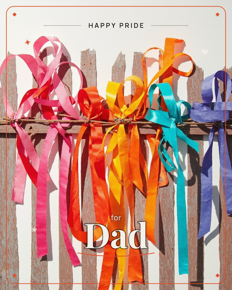 A row of five ribbon bows in pink, red-orange, yellow, turquoise and purple is tied along a weathered wooden picket fence, their tails looping and…, a pride e-card design