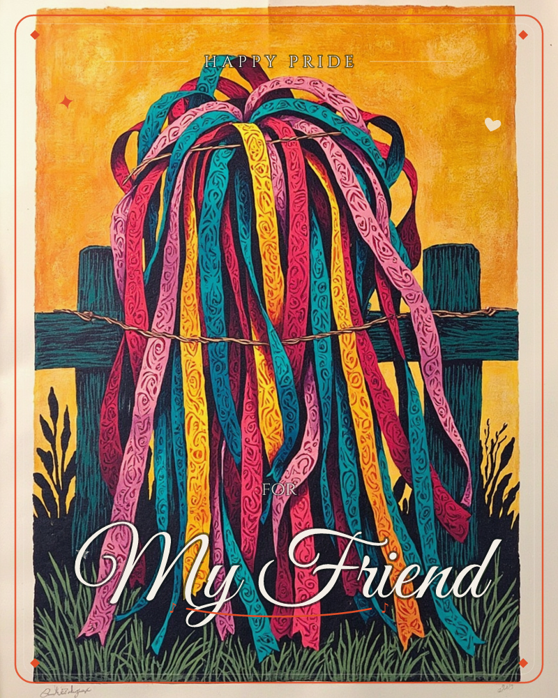A cascade of patterned ribbons in magenta, teal, gold and pink spills over a weathered wooden fence post wrapped in wire, set against a glowing amber sky, a pride e-card design