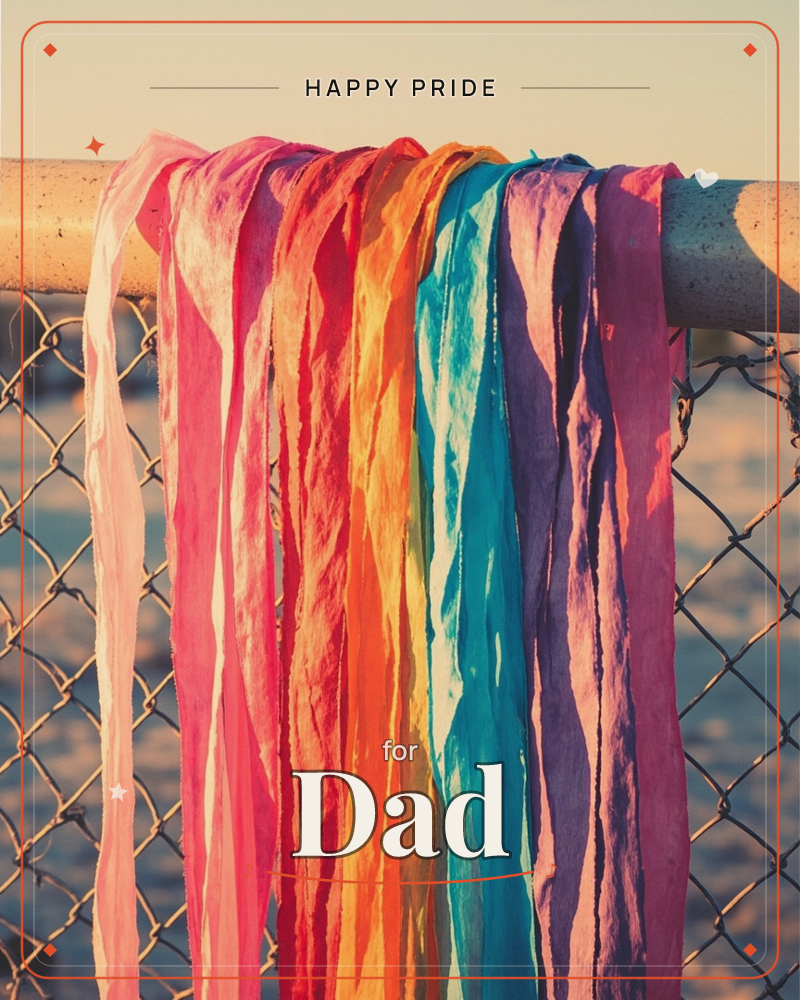 A row of dyed fabric strips hangs draped over a metal rail atop a chain-link fence, their colours running from pale blush through crimson, orange, teal…, a pride e-card design
