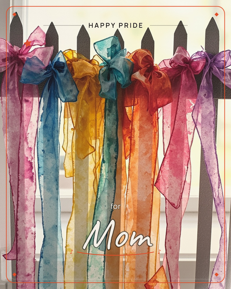 A row of sheer organza ribbons in pink, teal, gold, orange and purple are tied into loose bows along a dark picket fence, their long tails hanging like…, a pride e-card design